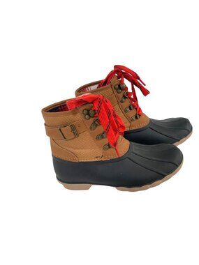 Maurices Womens Size 6 M Faux Leather Duck Boots Rainboot Rain Lace Tie Up Ankle